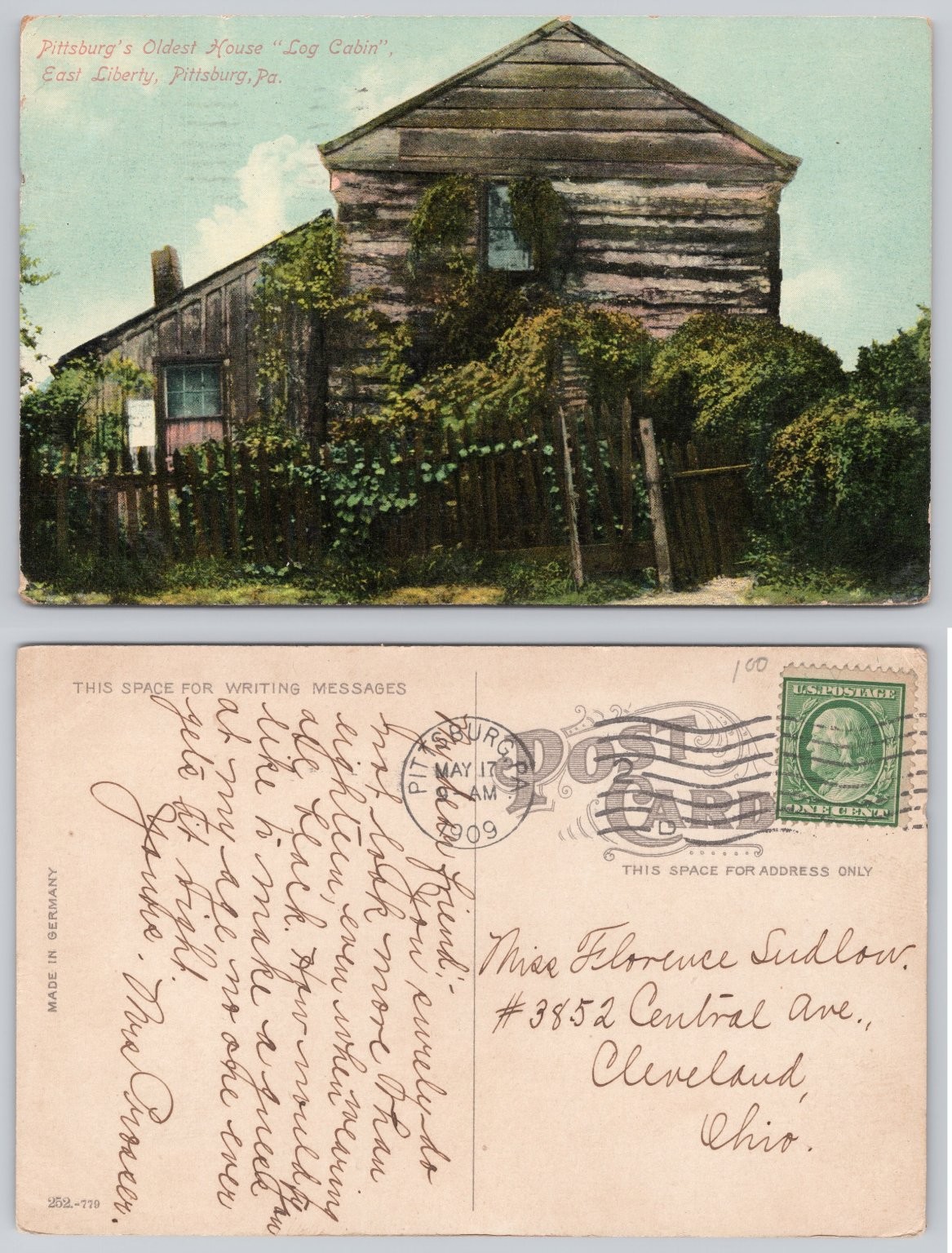 1909 Pittsburg PA Log Cabin Oldest House East Liberty Postcard Posted