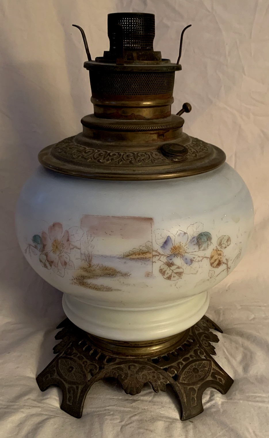 Nice Antique Oil Lamp Base Scene on Glass Brass top marked BRISTOL 1890 Nice Antique Oil Lamp Base Scene on Glass Brass top marked BRISTOL 1890