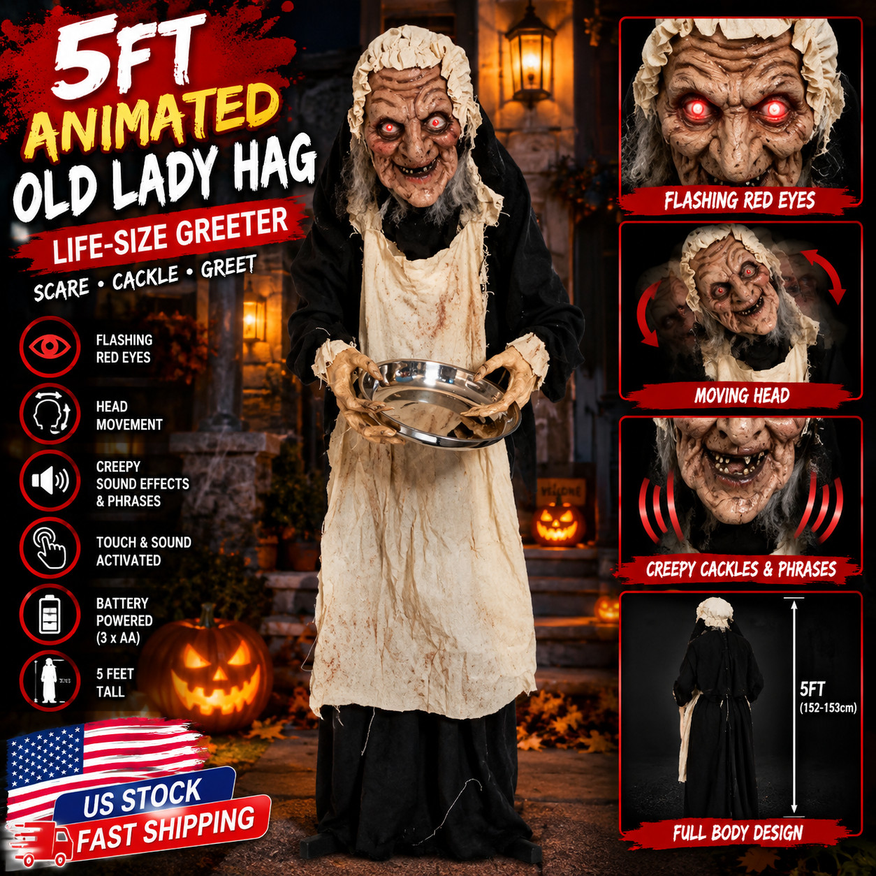 5FT Animated Old Lady Hag Halloween Animatronic Greeter Moving Head Red Eyes 5FT Animated Old Lady Hag Halloween Animatronic Greeter Moving Head Red Eyes