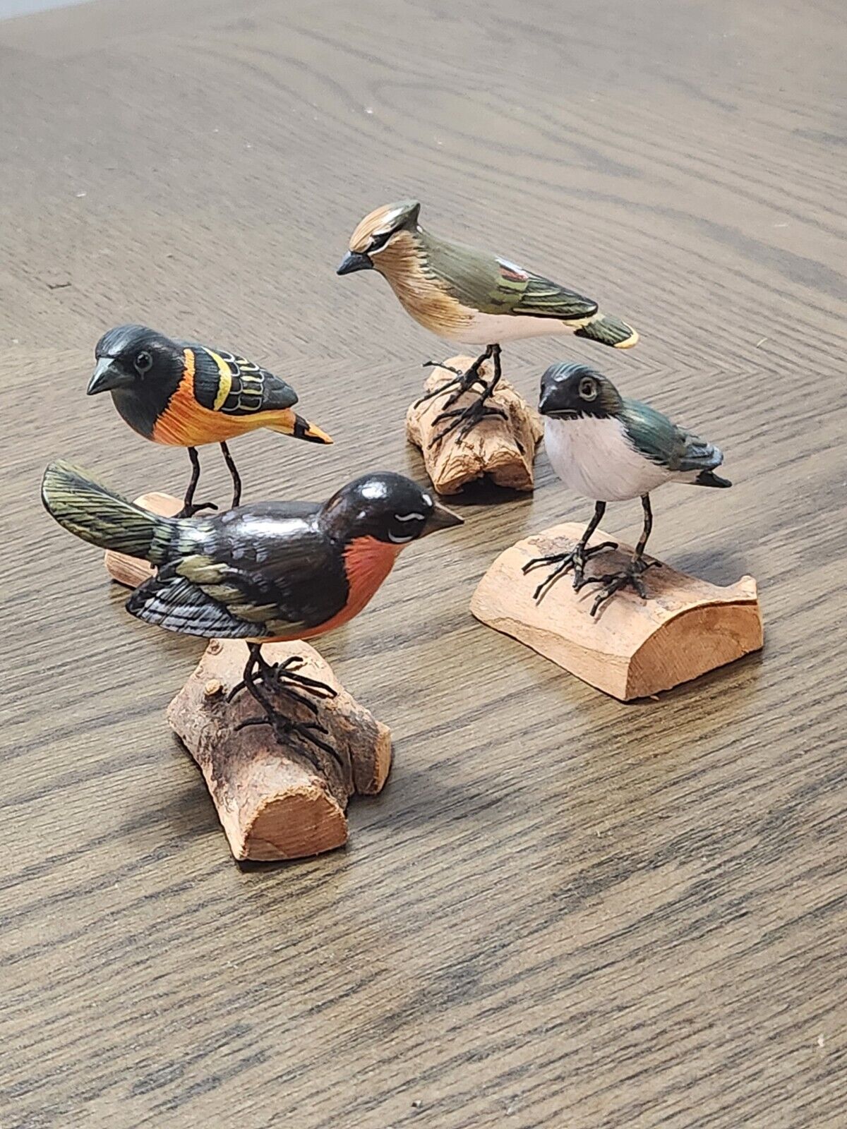 (4) Ganz Wooden Carved Painted Bird Figurine On Wood  American 