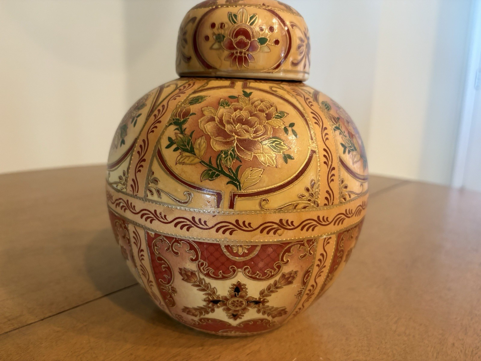 Vtg Large 9" Burgundy, Cream & Gold Gilt Ginger Jar Moriage Satsuma Peony
