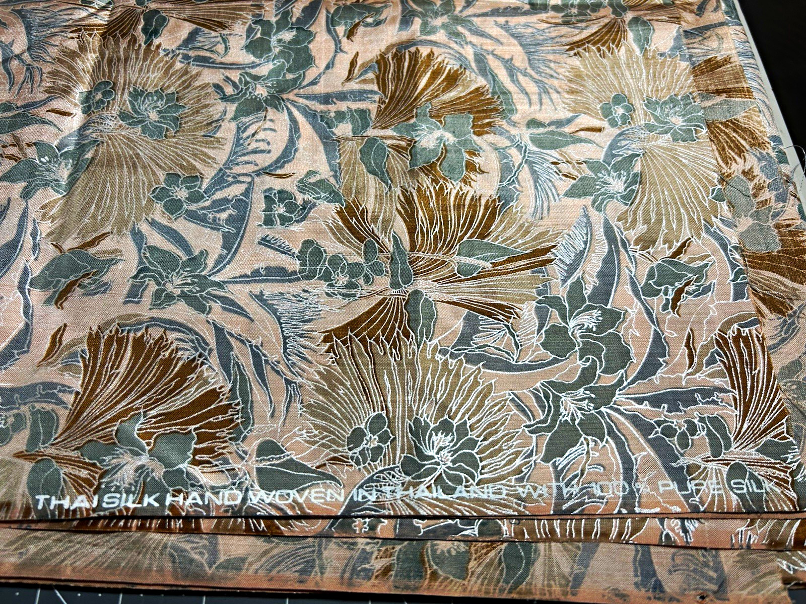 Vintage Thai 100% Silk Fabric 93" x 39” Hand Woven Floral Print Silver Outlines