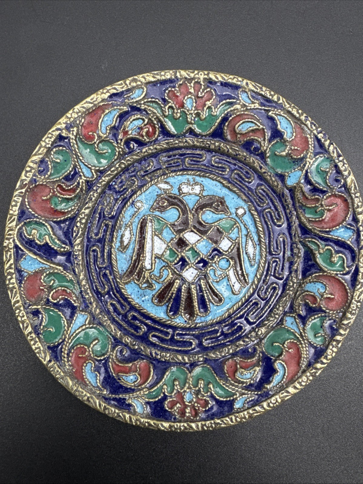 VTG Imperial Russian Brass Double Headed Eagle Cloisonné Enamel 4” Wall Plate VTG Imperial Russian Brass Double Headed Eagle Cloisonné Enamel 4” Wall Plate