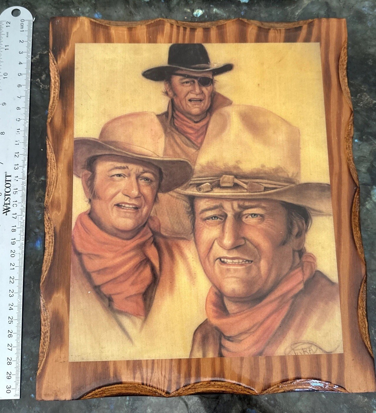 Rare Vintage John Wayne Wood Epoxy Lacquered Wall Art 12”x10 Western Folk Art