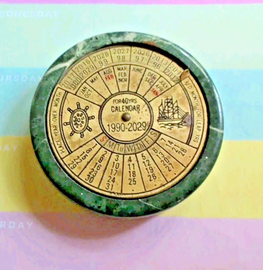 Perpetual Calendar Vintage Brass & Green Marble 40 Years 1990-2029 Nautical 📅 Perpetual Calendar Vintage Brass & Green Marble 40 Years 1990-2029 Nautical 📅