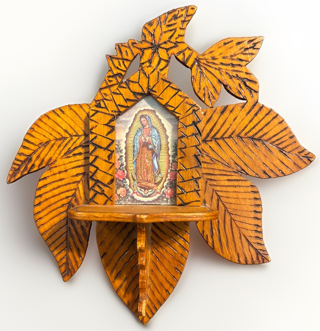 Vintage 1974 Mexican Folk Art Our Lady Guadalupe Wood Retablo Wall Shrine