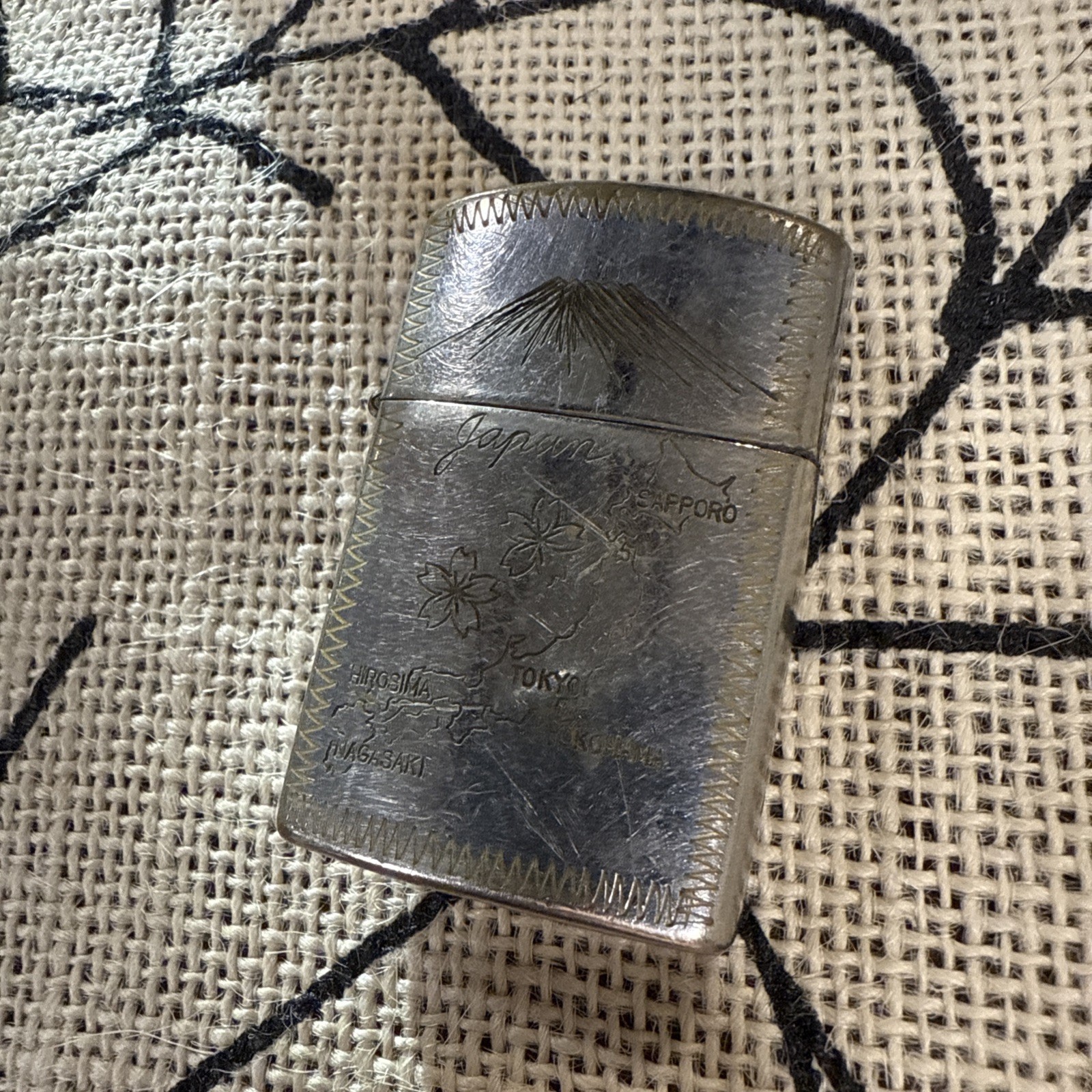 Vintage 1950s Japan Mt Fuji Engraved Metal Flip-Top Cigarette Lighter Vintage 1950s Japan Mt Fuji Engraved Metal Flip-Top Cigarette Lighter