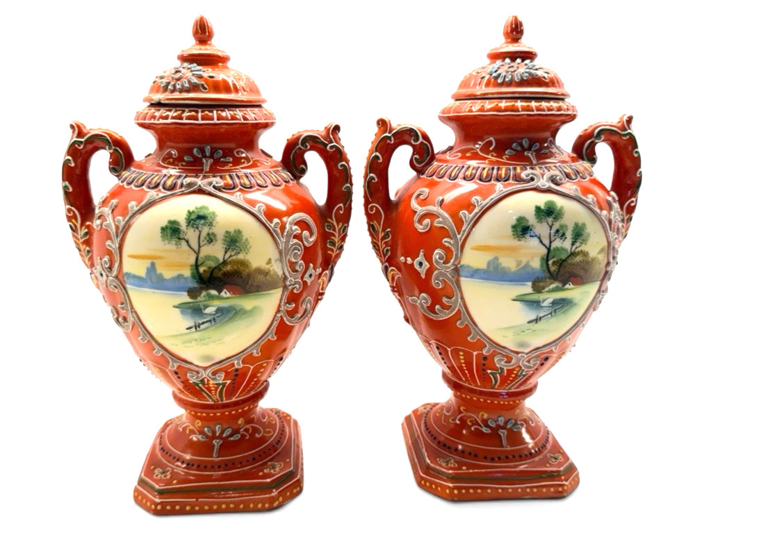Rare Antique Pair 10" Japanese TT Hand Painted Betsy Ross First Flag Lidded Urns Rare Antique Pair 10" Japanese TT Hand Painted Betsy Ross First Flag Lidded Urns