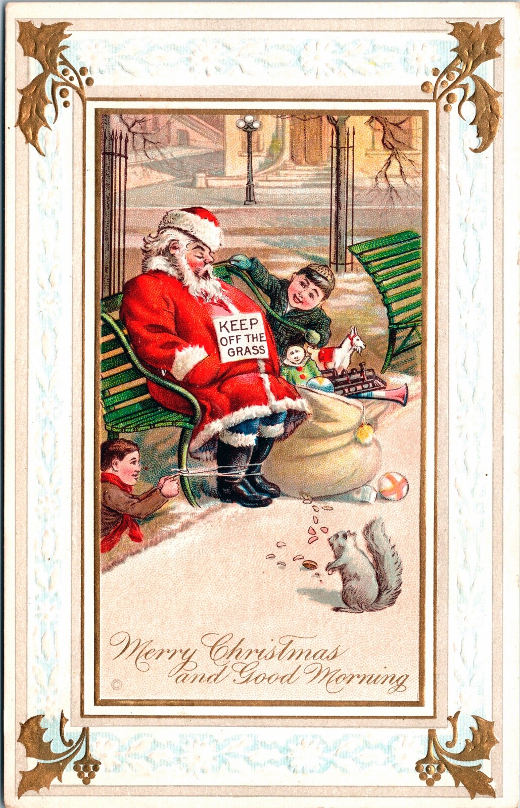 Vintage Santa Claus Asleep on Park Bench Christmas Day & Children Postcard RARE Vintage Santa Claus Asleep on Park Bench Christmas Day & Children Postcard RARE