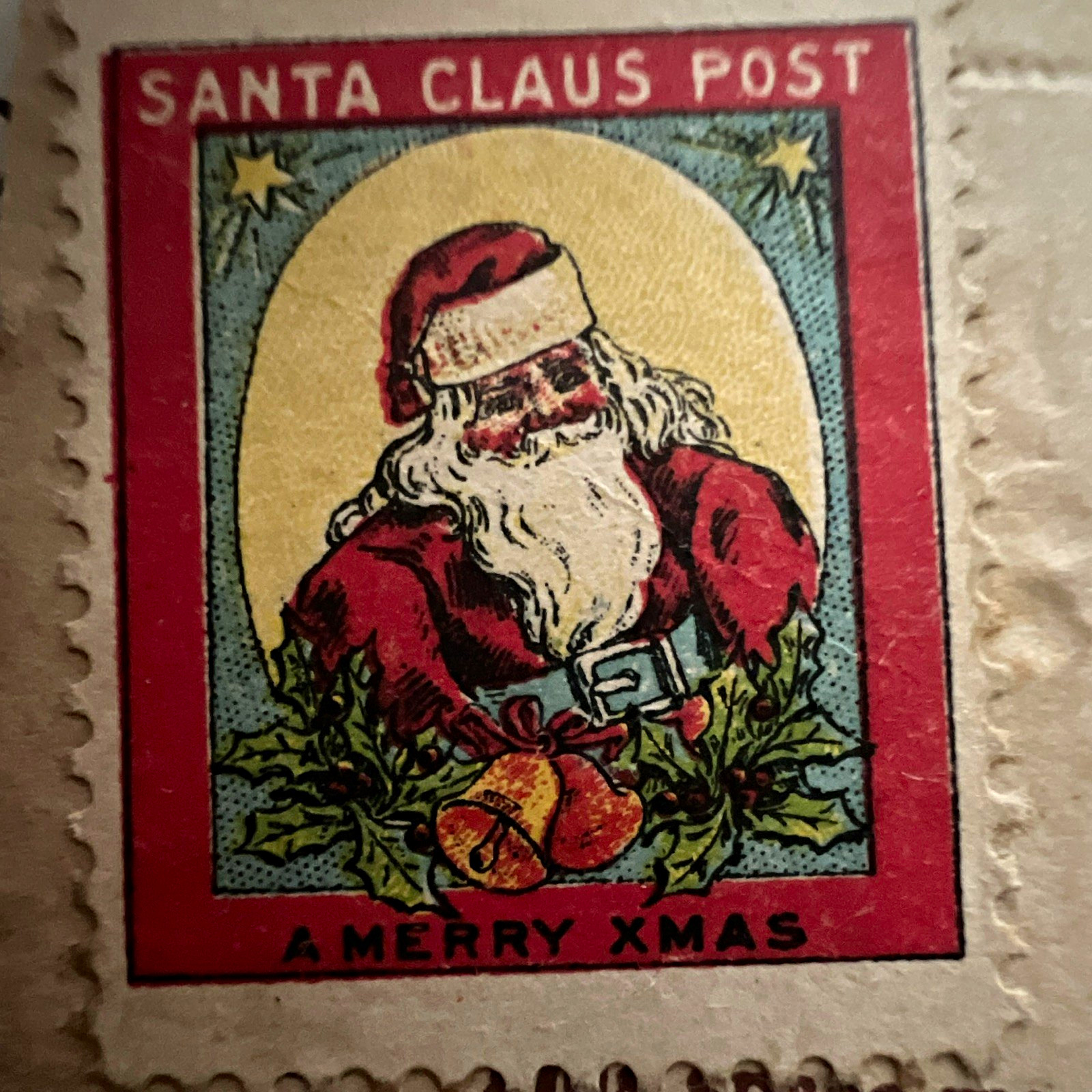 RARE 1909 Santa stamp with cancelled US 1 cent postal stamp on holiday postcard RARE 1909 Santa stamp with cancelled US 1 cent postal stamp on holiday postcard