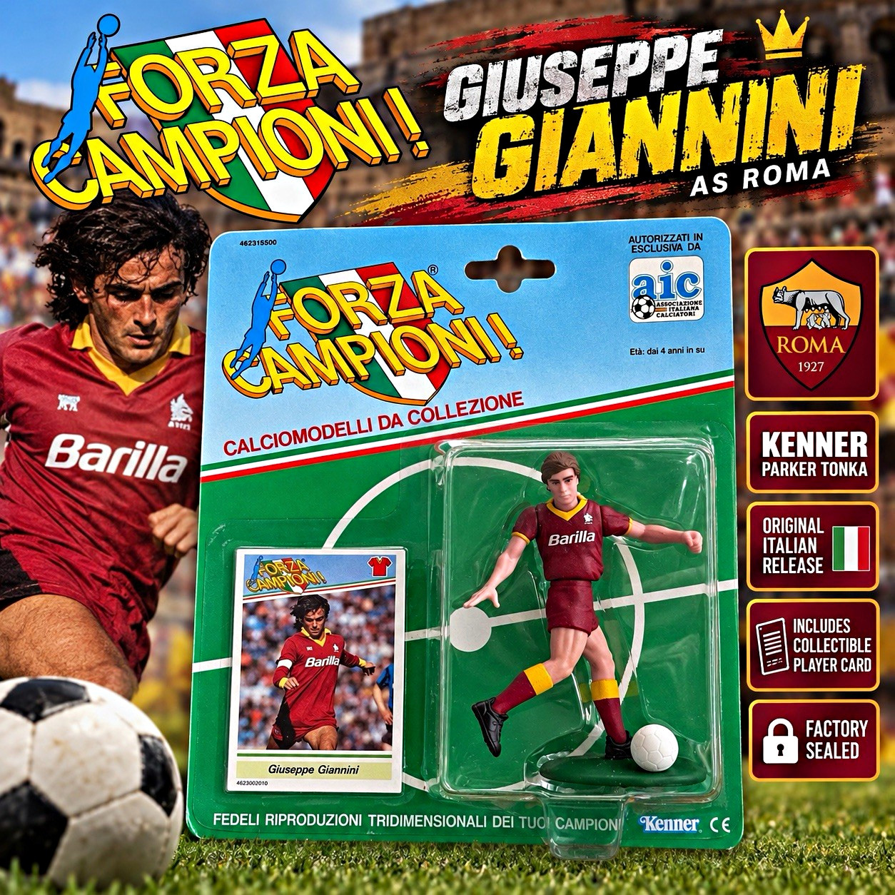 Vintage Kenner Forza Campioni Giuseppe Giannini AS Roma Soccer Figure Sealed Vintage Kenner Forza Campioni Giuseppe Giannini AS Roma Soccer Figure Sealed
