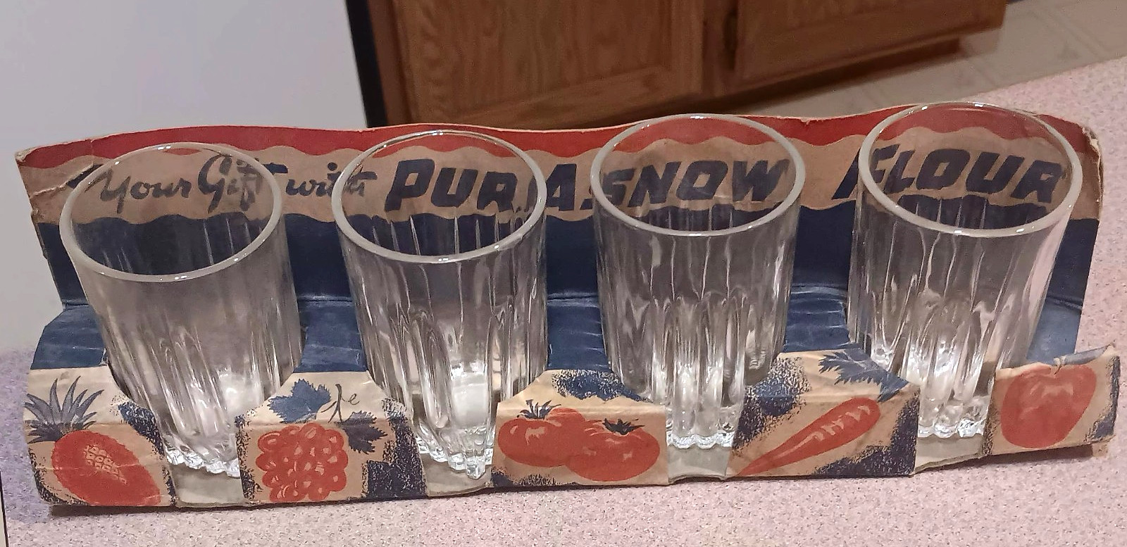Vintage NOS PurAsnow FLOUR Drinking Glasses COMPLETE Retail Premium Gift Set Vintage NOS PurAsnow FLOUR Drinking Glasses COMPLETE Retail Premium Gift Set