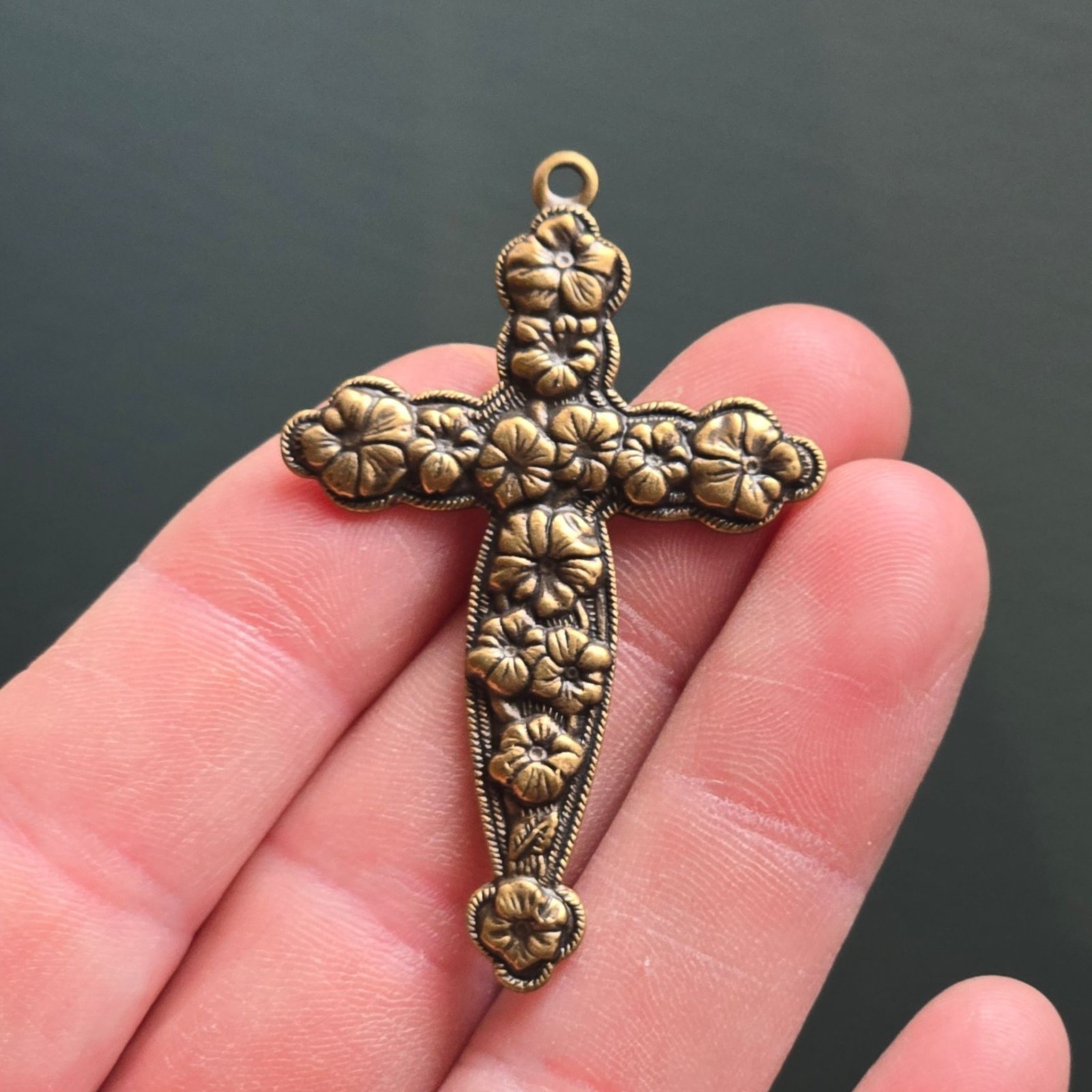 Antique Brass cross pendant Floral Cross Religious Jewelry Flower Relief Charm