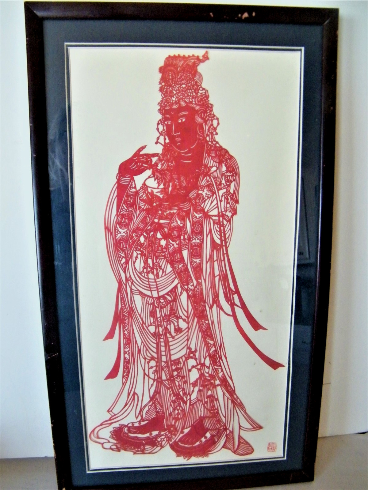 Scherenschnitte Scissor CUT Framed ART Red Female Deity Bodhisattva Guanyin