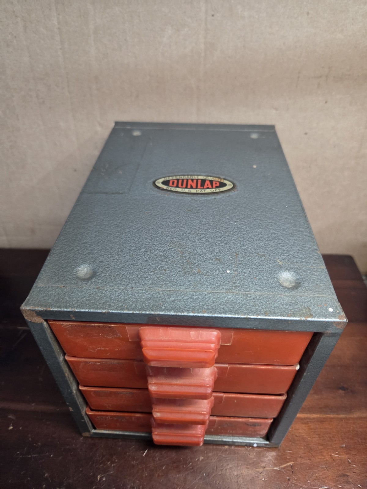 Vintage DUNLAP 4 Drawer Organizer Metal Cabinet Red Plastic Drawers / USED