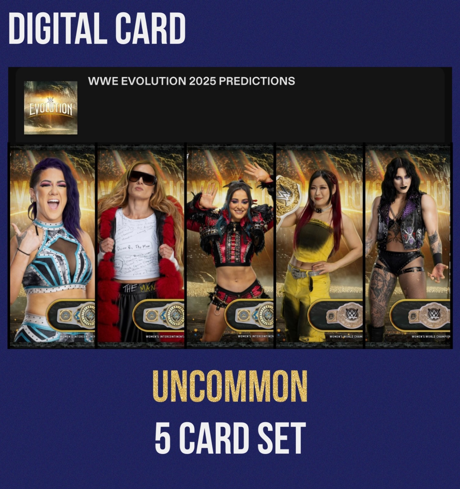 DIGITAL Topps WWE Slam WWE Evolution 2025 Predictions 5 Card Set DIGITAL Topps WWE Slam WWE Evolution 2025 Predictions 5 Card Set