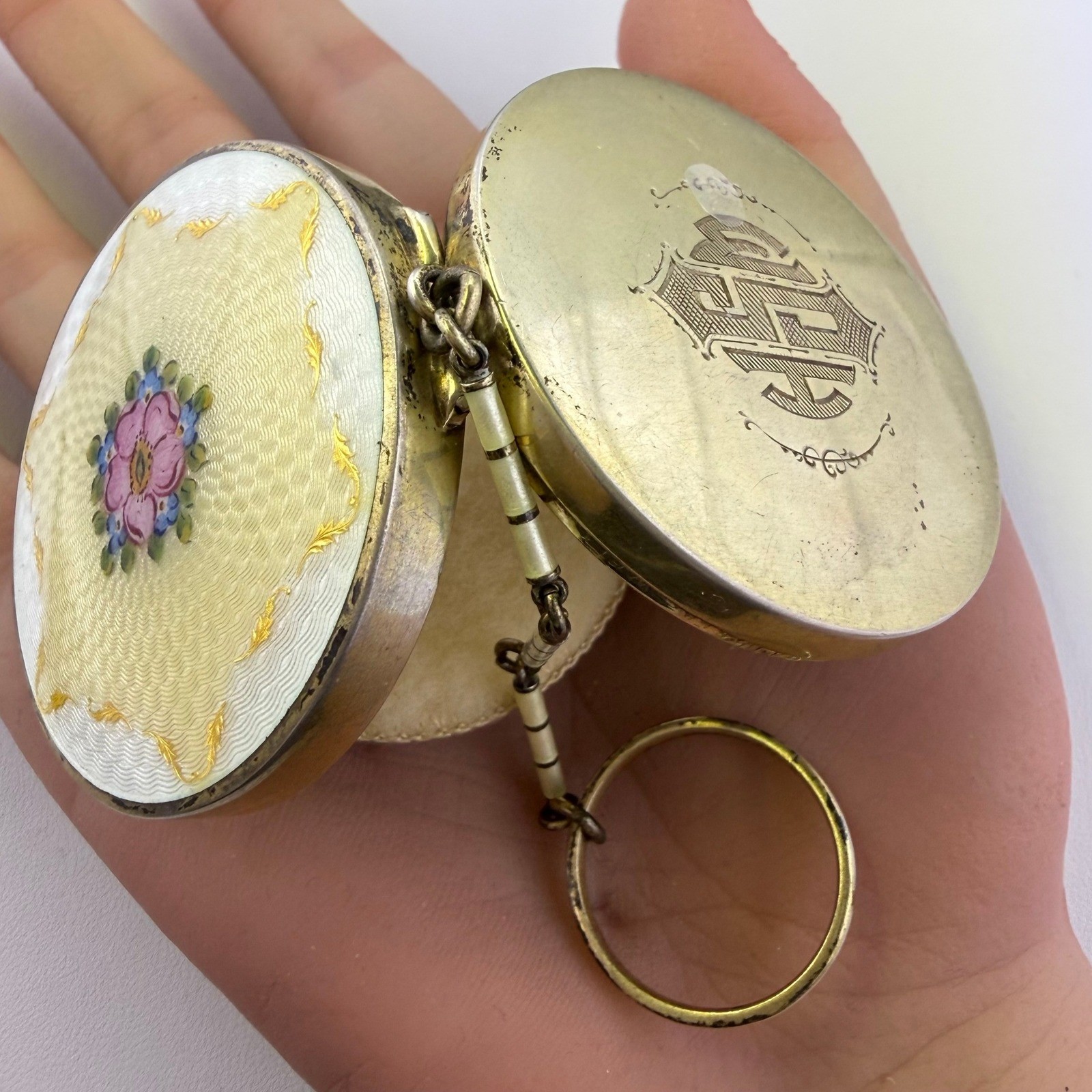 Antique Art Deco Watson Sterling Silver Guilloche Enamel Dance Compact Ring Rose Antique Art Deco Watson Sterling Silver Guilloche Enamel Dance Compact Ring Rose