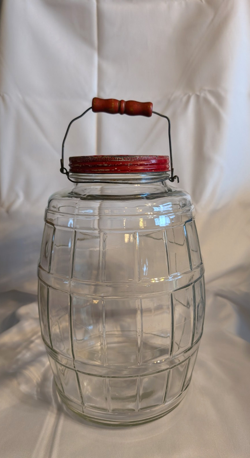 WI Barn Antique Vintage Original RED Large 13½" Barrel Shaped Glass Pickle Jar WI Barn Antique Vintage Original RED Large 13½" Barrel Shaped Glass Pickle Jar