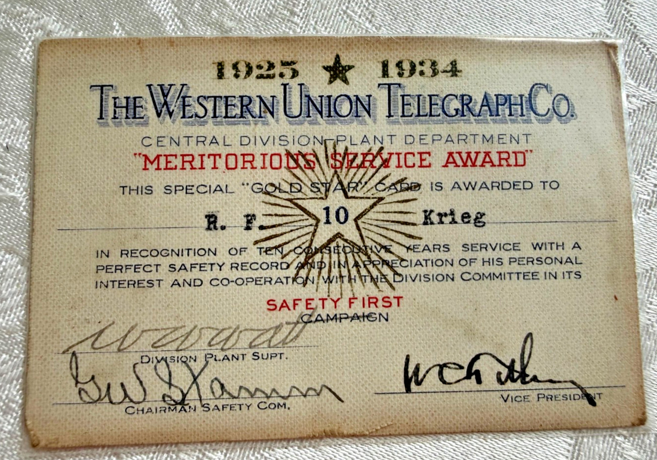 The Western Union Telegraph Co Meritorious Service Award 1925-1934 The Western Union Telegraph Co Meritorious Service Award 1925-1934