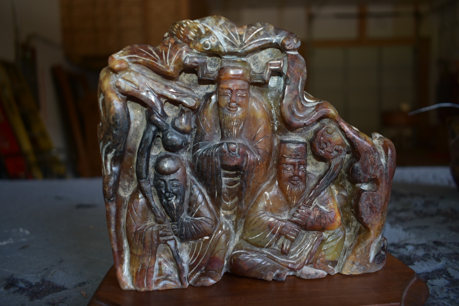 Rare Vintage Chinese Jade Carving Three Wise Men Fuk Luk Sau Wood Base - 6" Rare Vintage Chinese Jade Carving Three Wise Men Fuk Luk Sau Wood Base - 6"