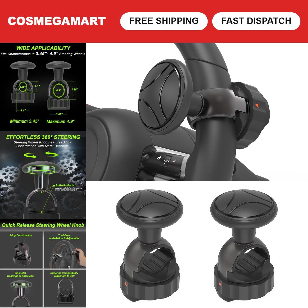 Tool-Free Steering Wheel Knob Spinner - 2 Pack for 3.45-4.9" Wheels, Easy Instal Tool-Free Steering Wheel Knob Spinner - 2 Pack for 3.45-4.9" Wheels, Easy Instal