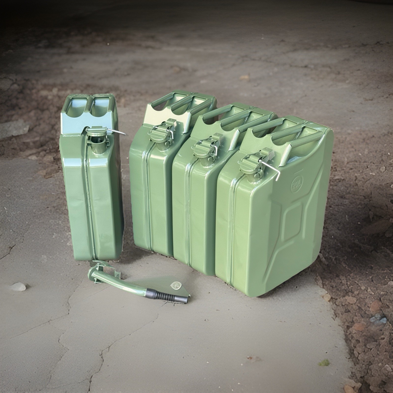 LOT 4 NATO Green 5 Gallon Jerry Can Gasoline Transfer Refill Steel Tank w/Nozzle LOT 4 NATO Green 5 Gallon Jerry Can Gasoline Transfer Refill Steel Tank w/Nozzle