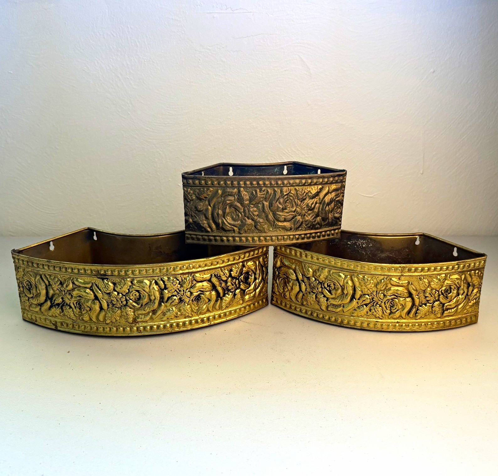 Vintage English Brass Wall Pockets Set 3 Embossed Roses Made in England Planters Vintage English Brass Wall Pockets Set 3 Embossed Roses Made in England Planters