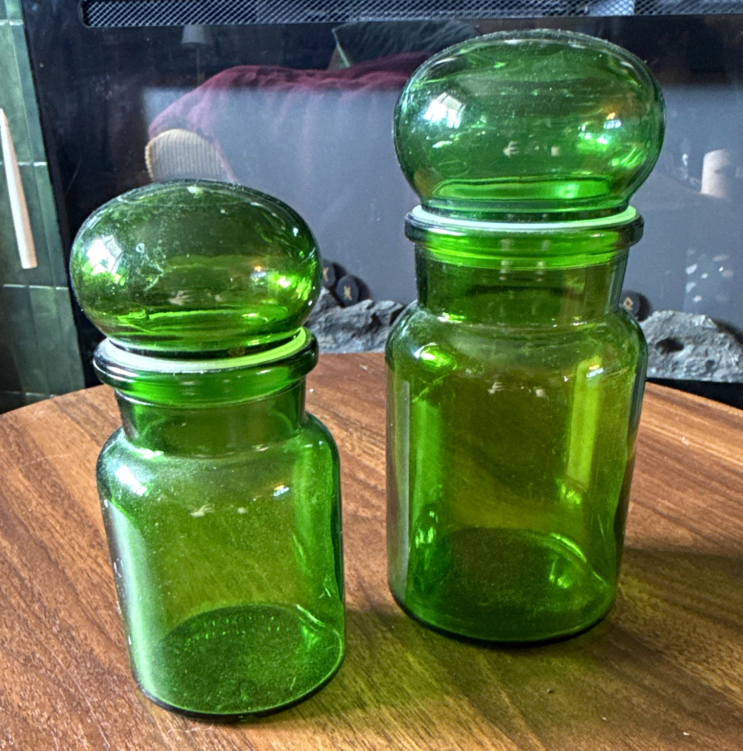 Vintage 1970s Belgian Emerald Green Glass Apothecary Canister Jars - Bubble Top Vintage 1970s Belgian Emerald Green Glass Apothecary Canister Jars - Bubble Top