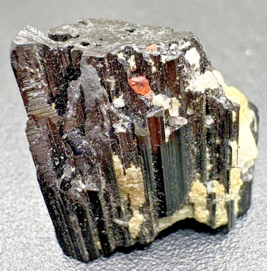Natural Black Tourmaline Schorl Crystal with Red Garnet on Matrix Specimen