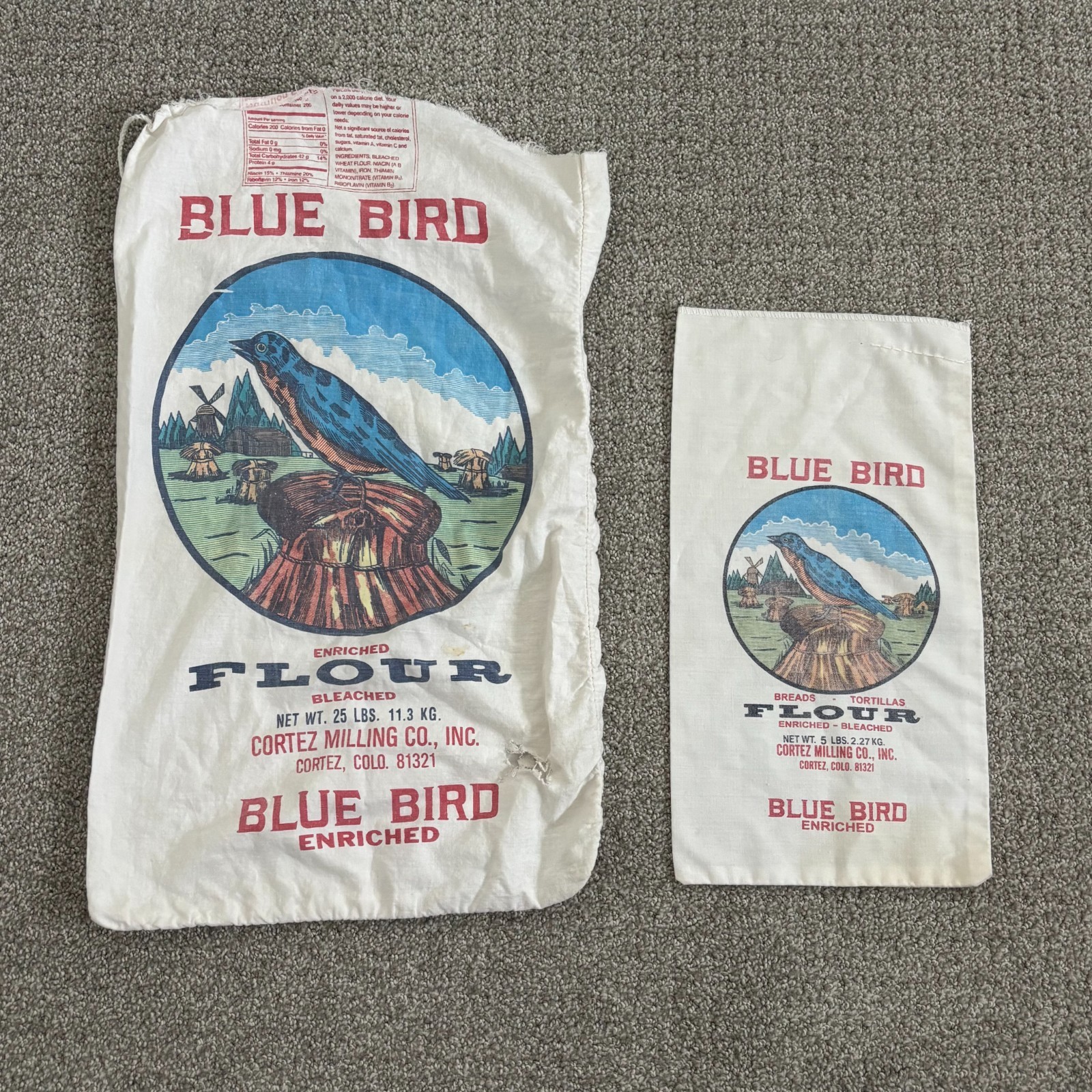 Vintage Blue Bird Flour Sacks Lot Cortez Milling Co 25 lb and 5 lb Feed Sack Vintage Blue Bird Flour Sacks Lot Cortez Milling Co 25 lb and 5 lb Feed Sack