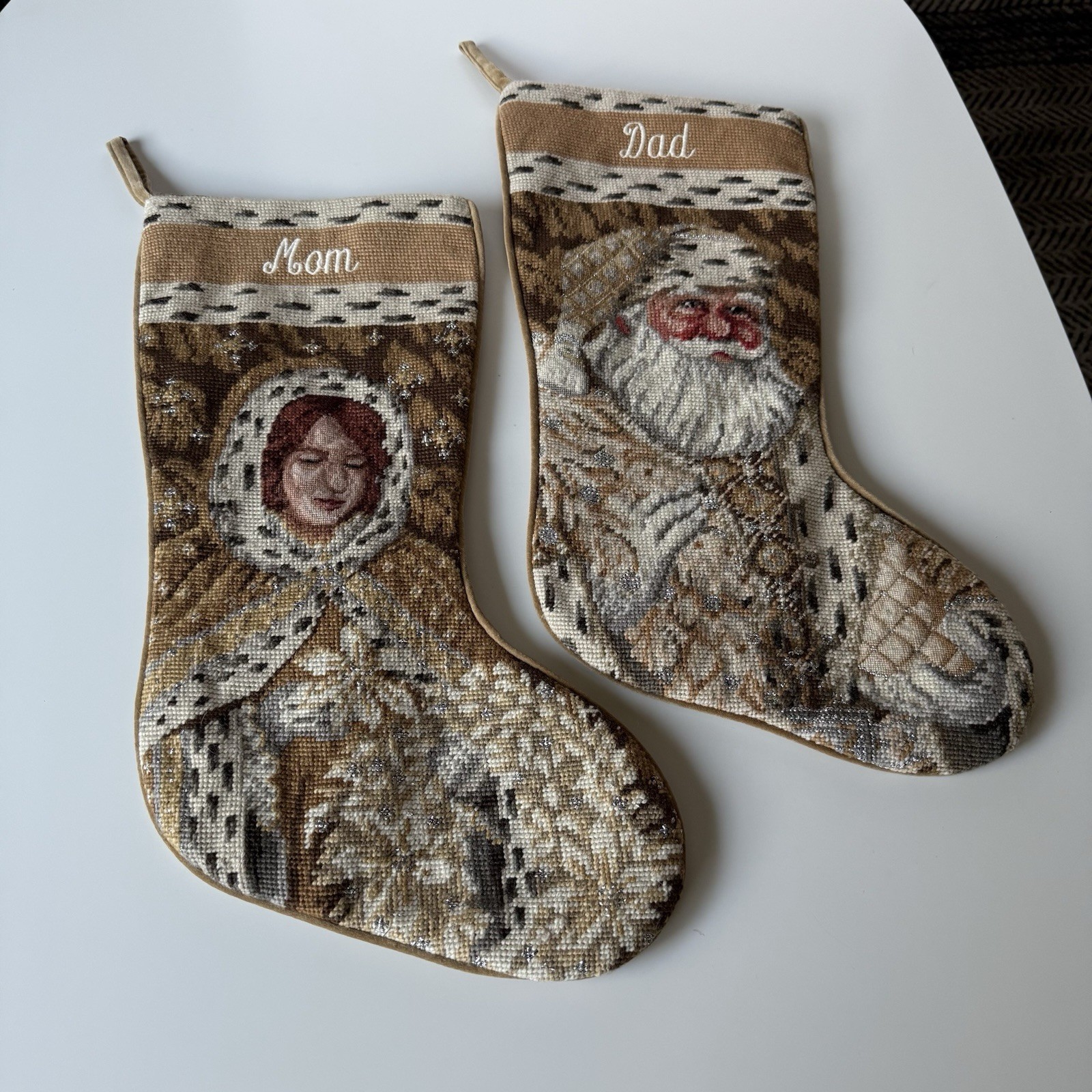 2 SFERRA Christmas Stocking Wool Needlepoint Velvet Personalized Mom Dad 2 SFERRA Christmas Stocking Wool Needlepoint Velvet Personalized Mom Dad