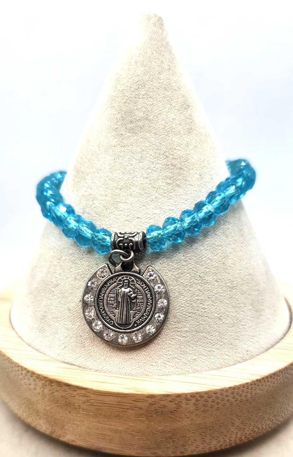 Silver Tone St. Benedict Medal On Blue Crystal Bracelet Silver Tone St. Benedict Medal On Blue Crystal Bracelet