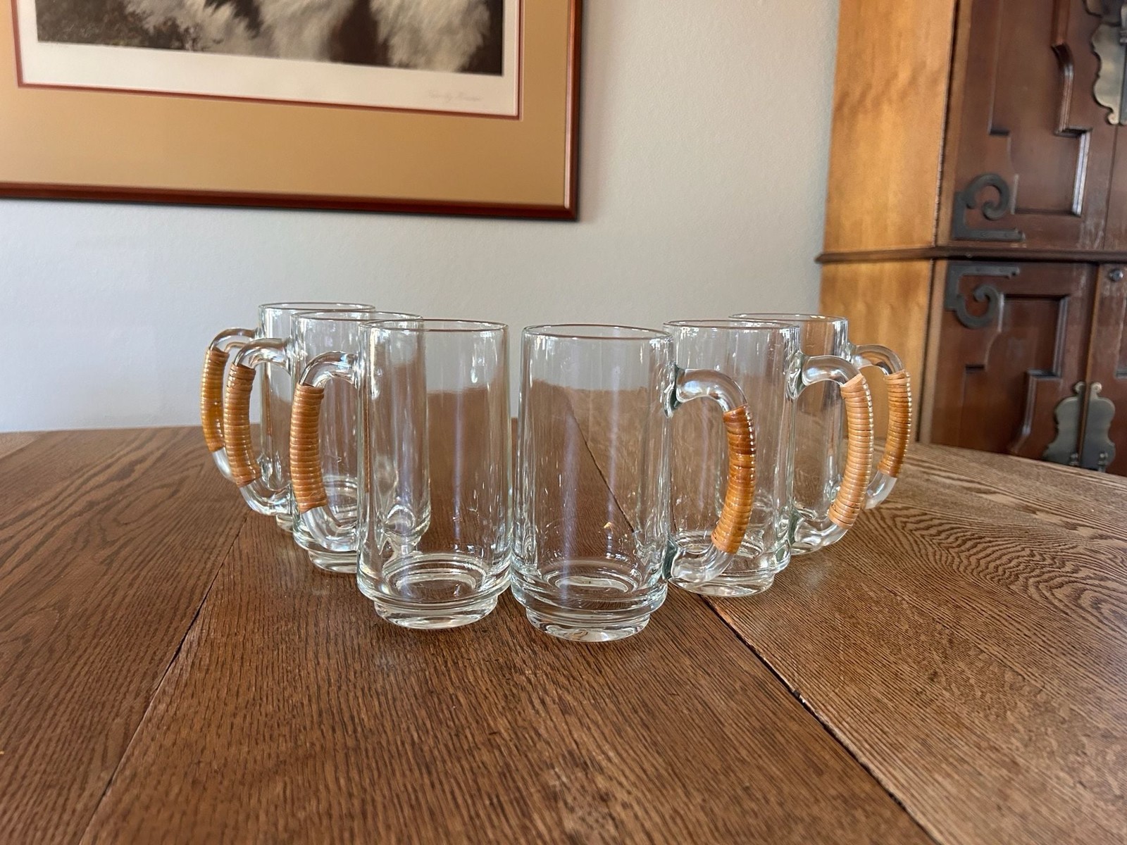Vintage Mid-Century Rattan Wrapped Handle Glass Mugs Set of 6 Vintage Mid-Century Rattan Wrapped Handle Glass Mugs Set of 6