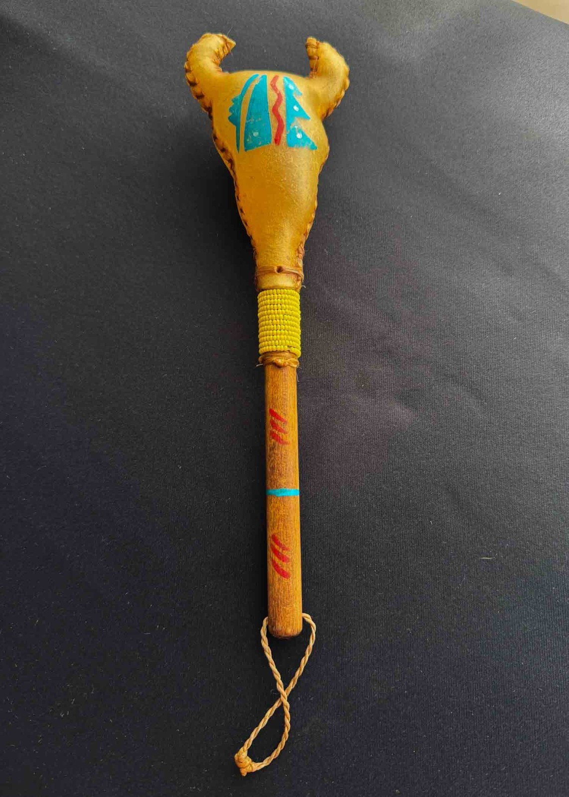 Vintage Rawhide Rattle Beaded Wood Handle Hand Painted Southwestern Folk Art Vintage Rawhide Rattle Beaded Wood Handle Hand Painted Southwestern Folk Art