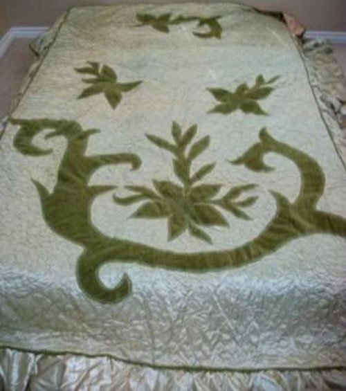 1920s Satin Applique Bedspread Green Gold Art Deco Antique Velvet Trio NY 1920s Satin Applique Bedspread Green Gold Art Deco Antique Velvet Trio NY