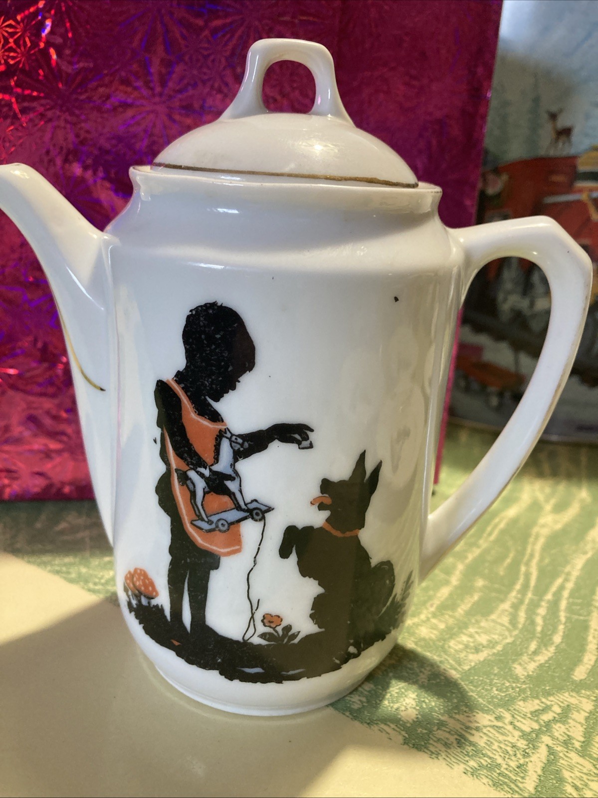 Vintage PSAG Schirnding Bavaria Child & Dog & Rabbit Silhouette Porcelain Teapot Vintage PSAG Schirnding Bavaria Child & Dog & Rabbit Silhouette Porcelain Teapot