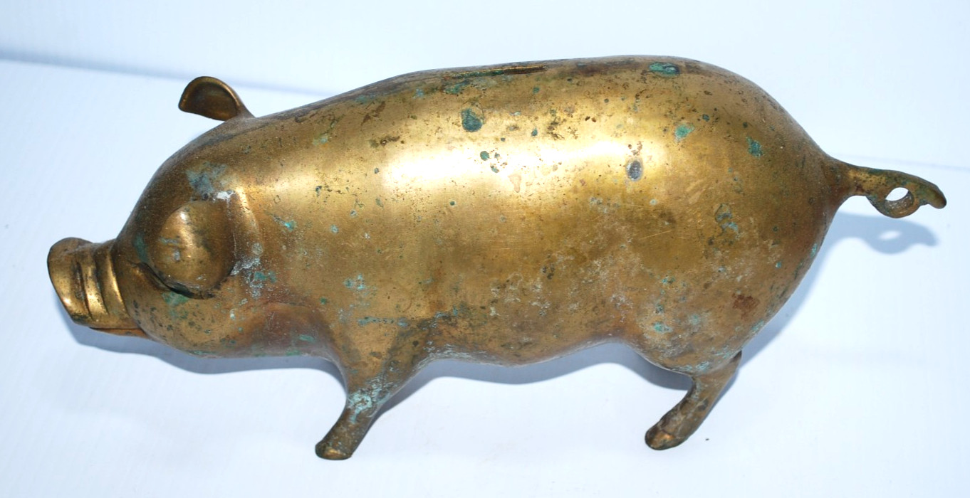 Vintage Large Solid Brass Pig Piggy Bank 9” Heavy Coin Bank Curly Tail Decor Vintage Large Solid Brass Pig Piggy Bank 9” Heavy Coin Bank Curly Tail Decor