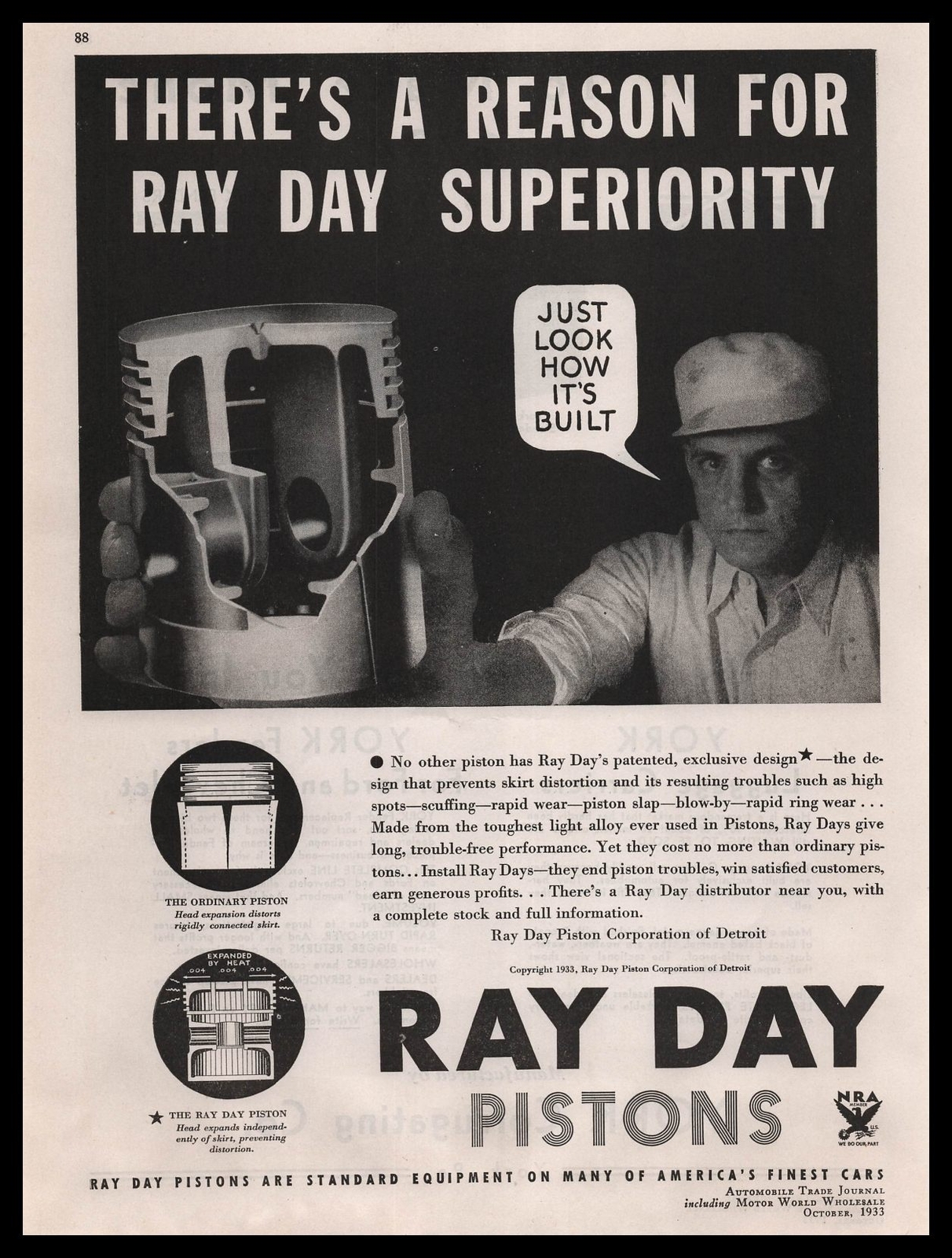1933 Ray Day Piston Corp. Detroit Michigan Cross Section Piston Diagram ...
