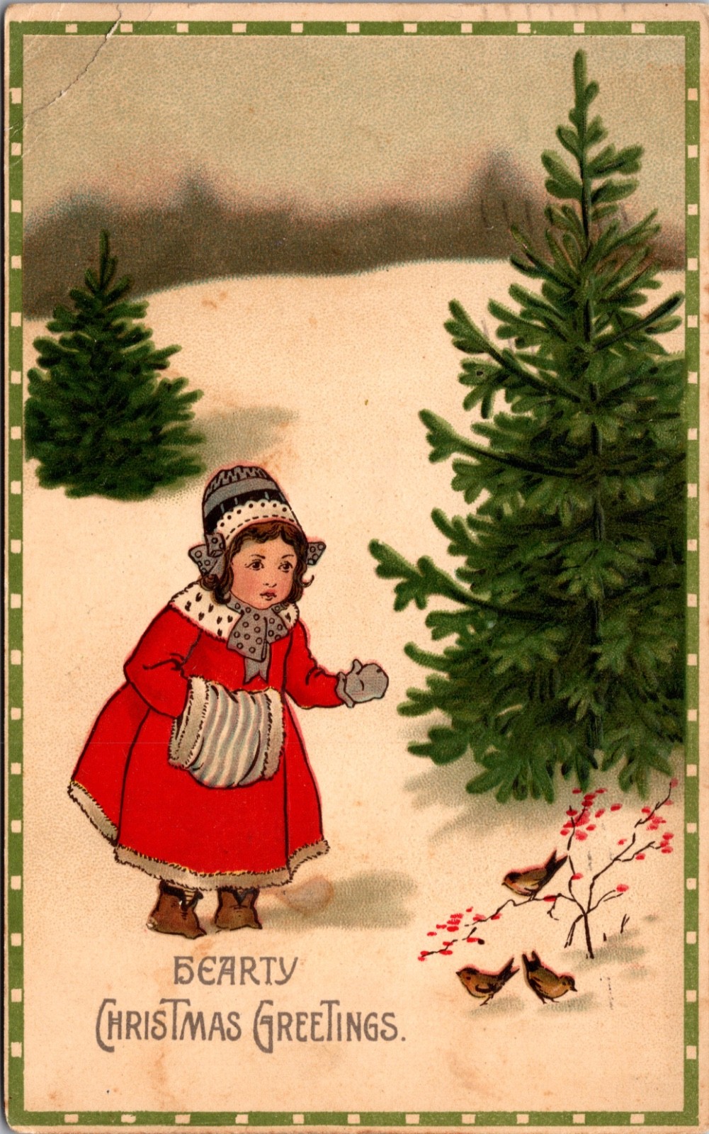 1914 Hearty Christmas Greetings Postcard Girl Snow Birds Trees Embossed 1914 Hearty Christmas Greetings Postcard Girl Snow Birds Trees Embossed