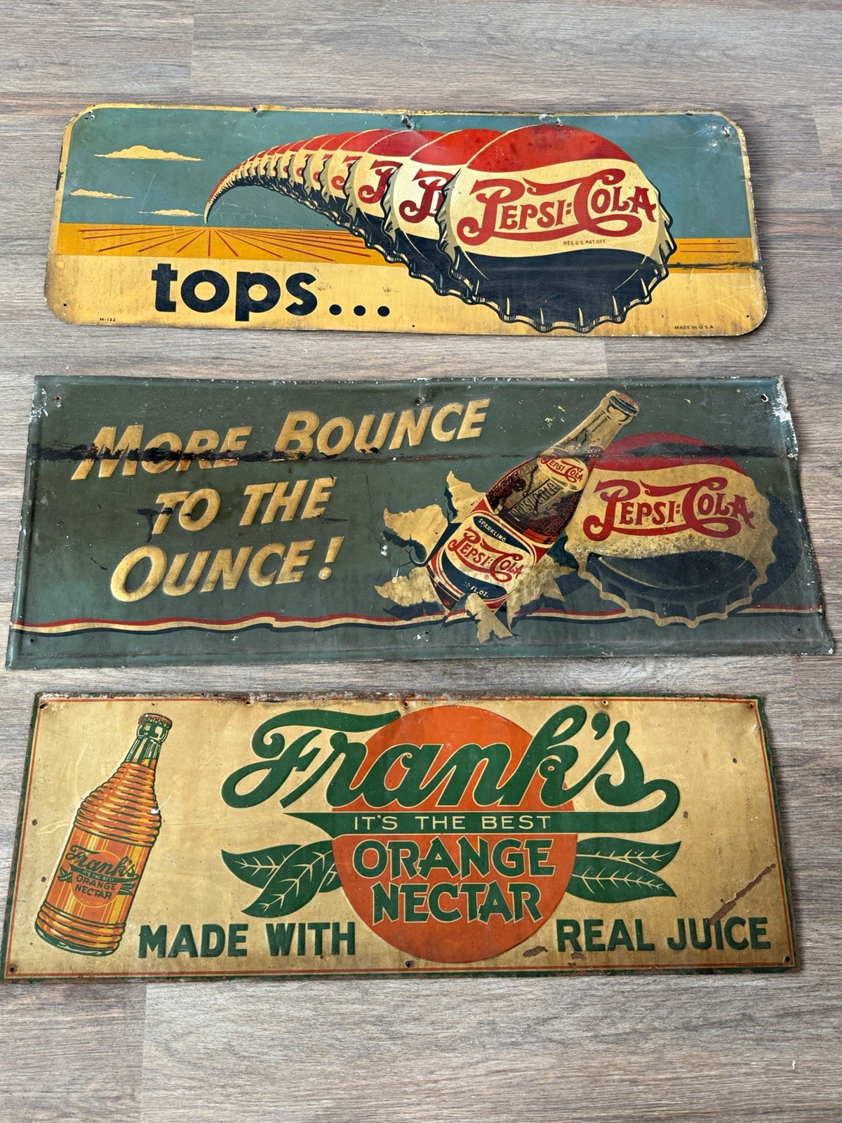 Pepsi Vintage Soda Tin Sign Lot: Tops & More Bounce + Frank's Orange Nectar Pepsi Vintage Soda Tin Sign Lot: Tops & More Bounce + Frank's Orange Nectar