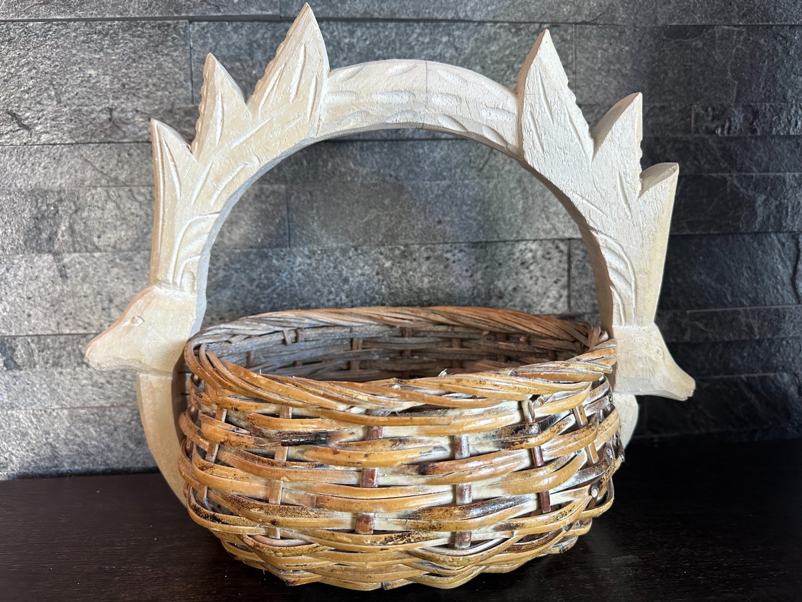 VTG Hand Carved Double Deer Head Holiday Wicker Basket EUC VTG Hand Carved Double Deer Head Holiday Wicker Basket EUC