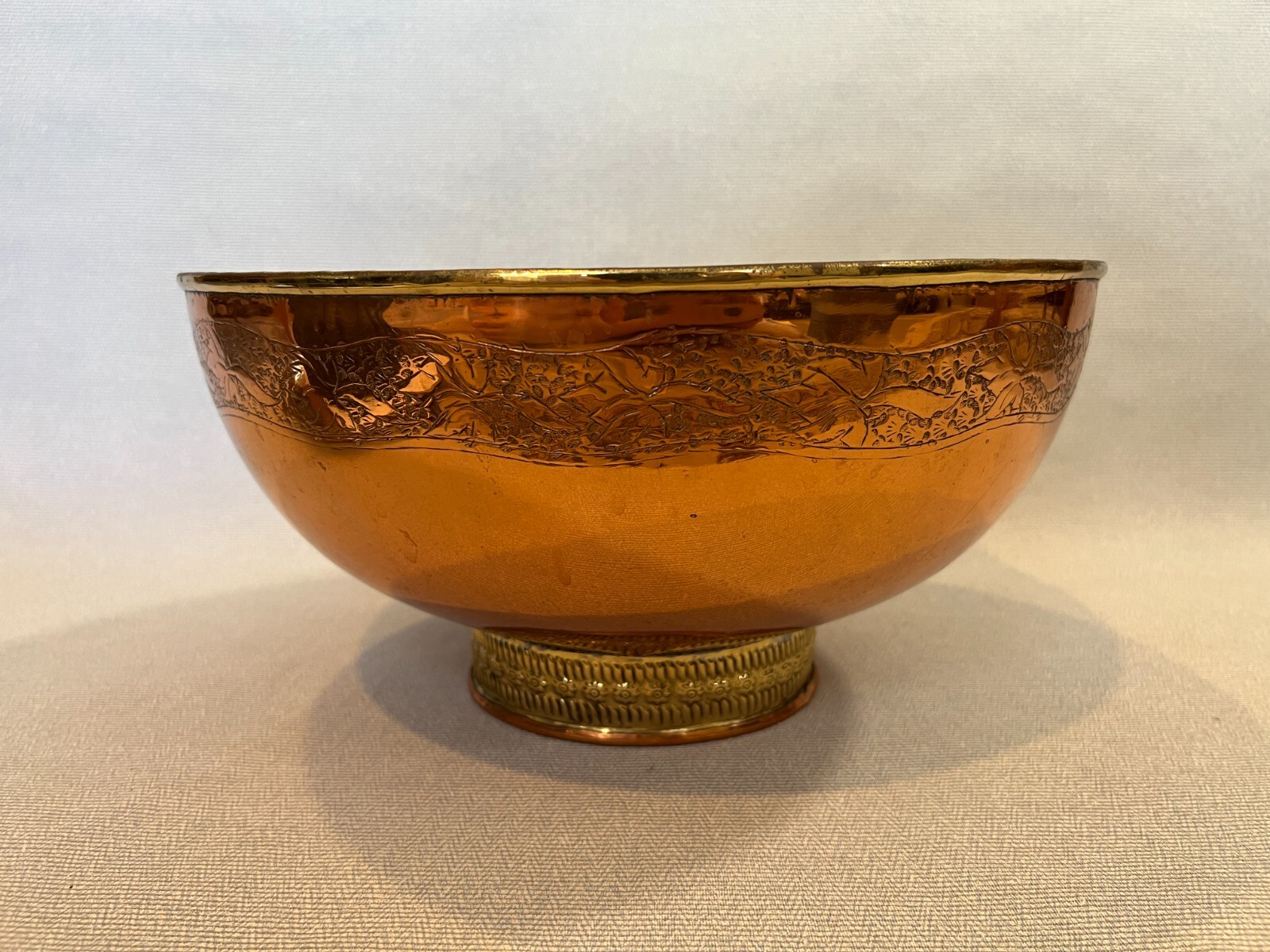 Vintage Large Kashmiri Copper Brass Footed Engraved Bowl, 14" Dia, 6 1/2" High
