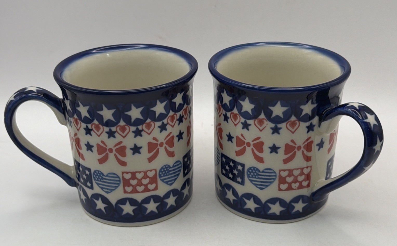 2 Kalich Polish Pottery Ceramic Mugs Boleslawiec 10 oz Patriotic Large Stars 2 Kalich Polish Pottery Ceramic Mugs Boleslawiec 10 oz Patriotic Large Stars