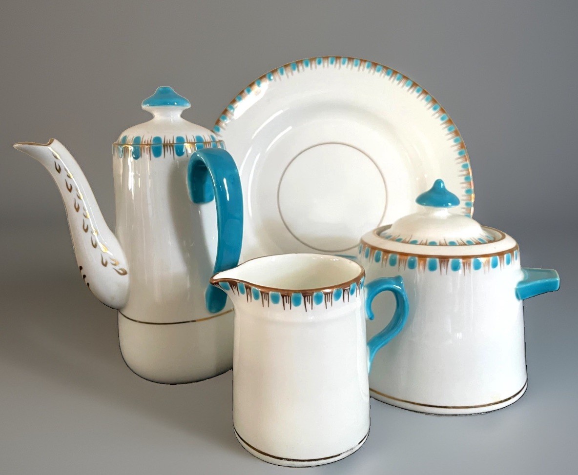 Antique W. A. Adderley Teapot Set & Plate White, Gold & Turquoise EUC Antique W. A. Adderley Teapot Set & Plate White, Gold & Turquoise EUC