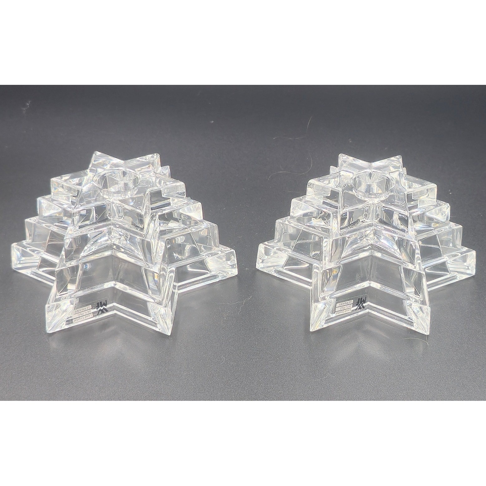 2 Vintage WMF Germany Starlight Lead Crystal Star of David Candle Holder Pair