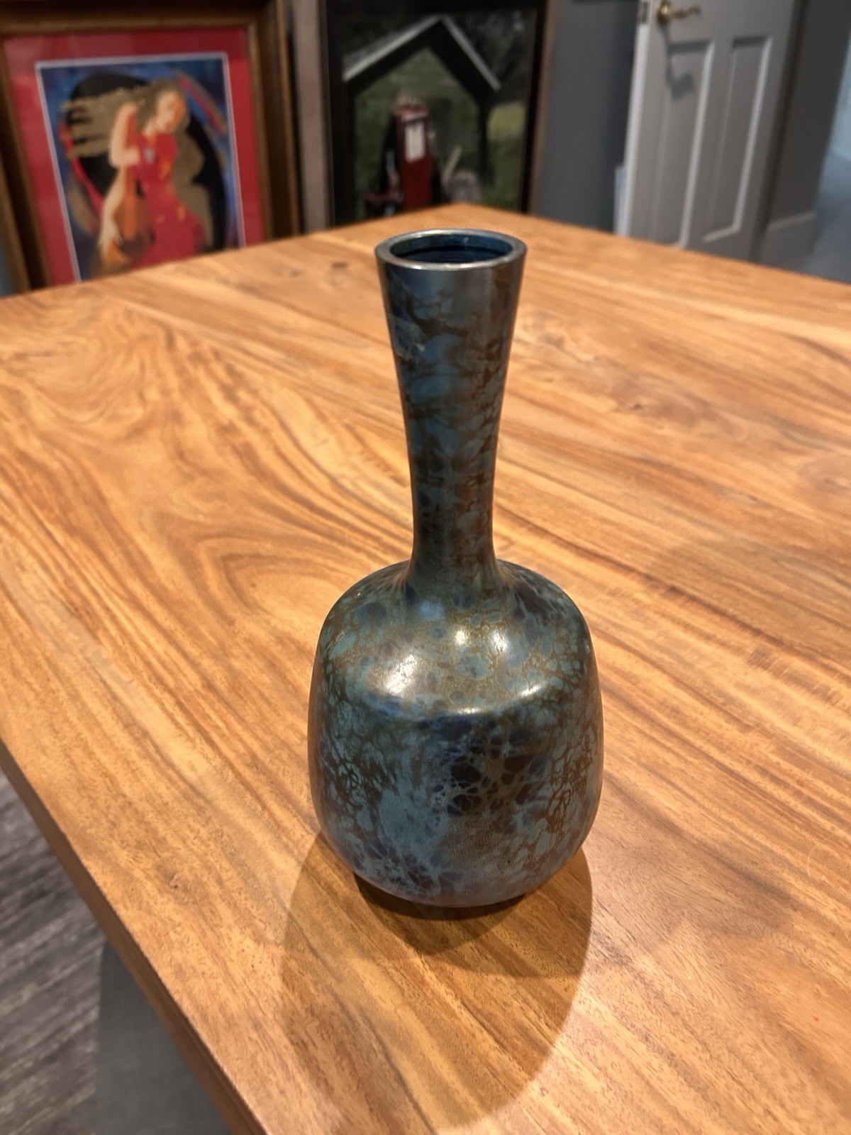 Japanese Bronze Bud Vase Vtg Blue Gold Mottled Patina Inscribed 8 3/4 Inch Japanese Bronze Bud Vase Vtg Blue Gold Mottled Patina Inscribed 8 3/4 Inch