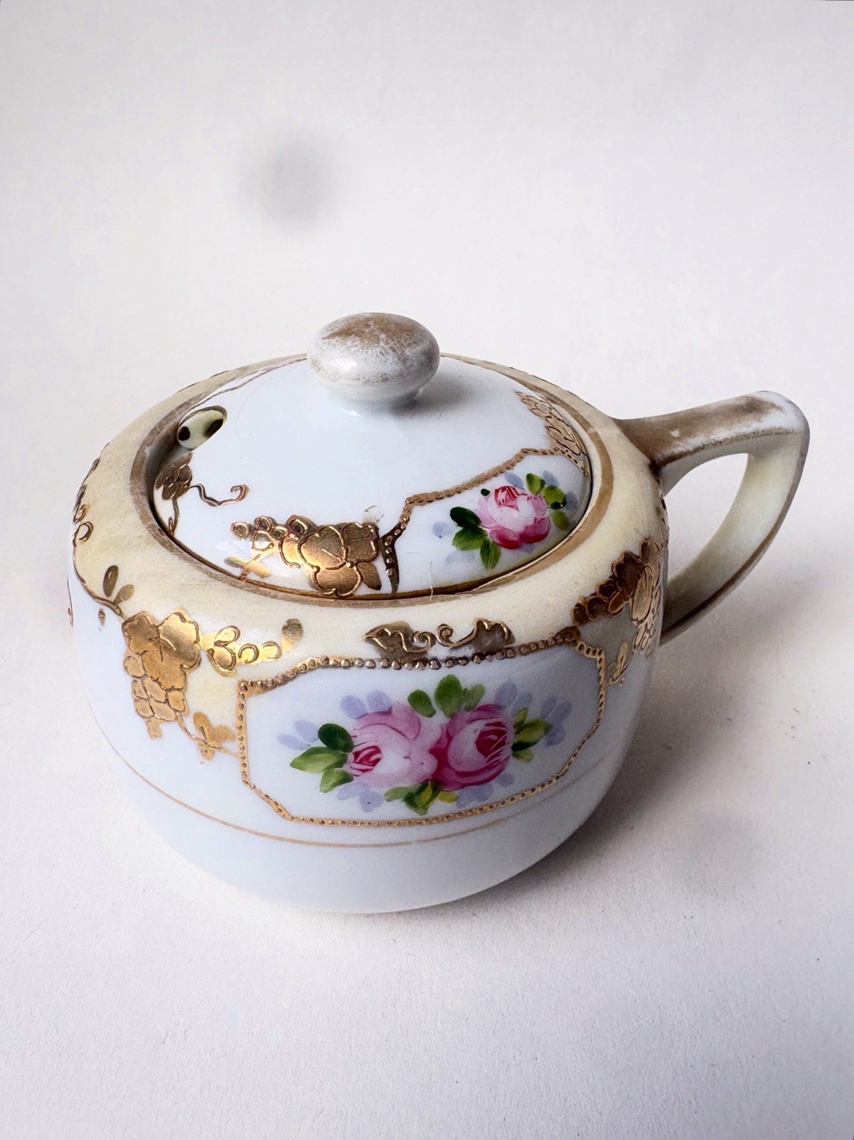 ANTIQUE Hand Painted Nippon Mustard Pot with Lid, 1891-1921 Morimura M in Wreath ANTIQUE Hand Painted Nippon Mustard Pot with Lid, 1891-1921 Morimura M in Wreath