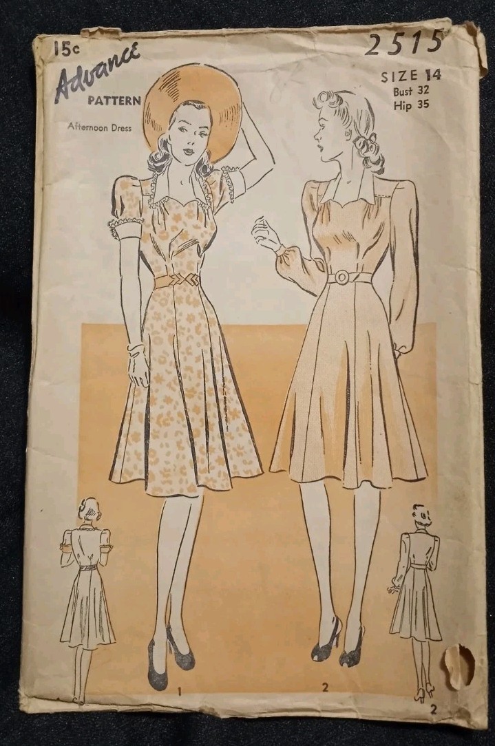 Vintage 1940s Advance Pattern Woman's Afternoon Dress #2515 Size 14 Complete Vintage 1940s Advance Pattern Woman's Afternoon Dress #2515 Size 14 Complete