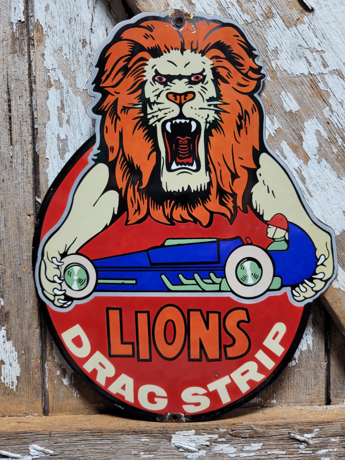 VINTAGE LIONS DRAG STRIP PORCELAIN SIGN OLD WILMINGTON CALIFORNIA RACING CLUB
