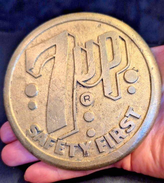 Vintage 1930’s 7UP Safety First Brass Sidewalk Street Marker 4” Soda Advertising Vintage 1930’s 7UP Safety First Brass Sidewalk Street Marker 4” Soda Advertising